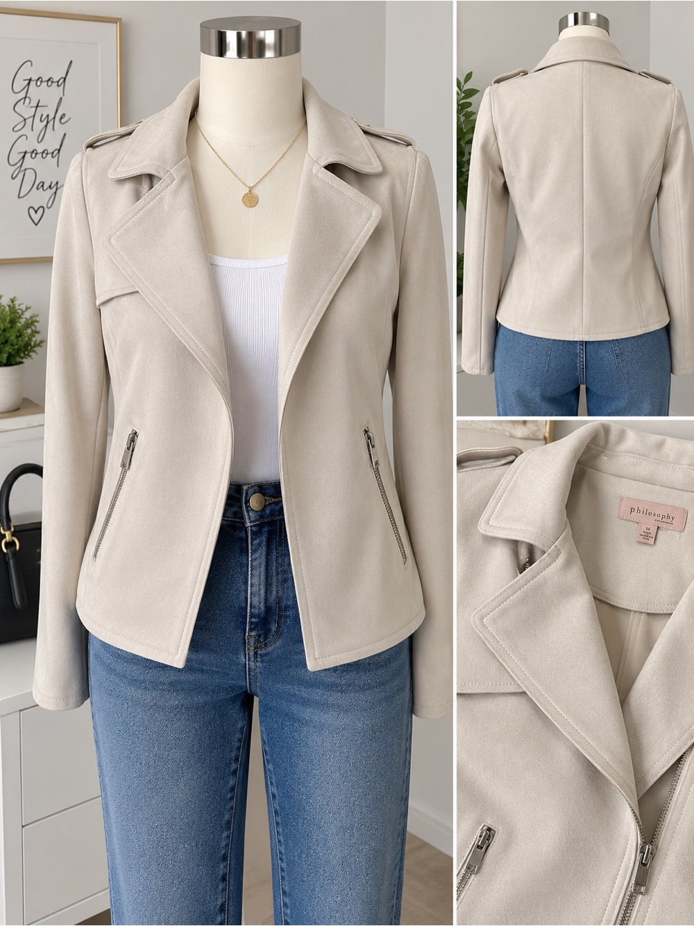 Women’s Moto Sport Jacket Faux Leather Cold Weather Biker Zip Front Beige size L